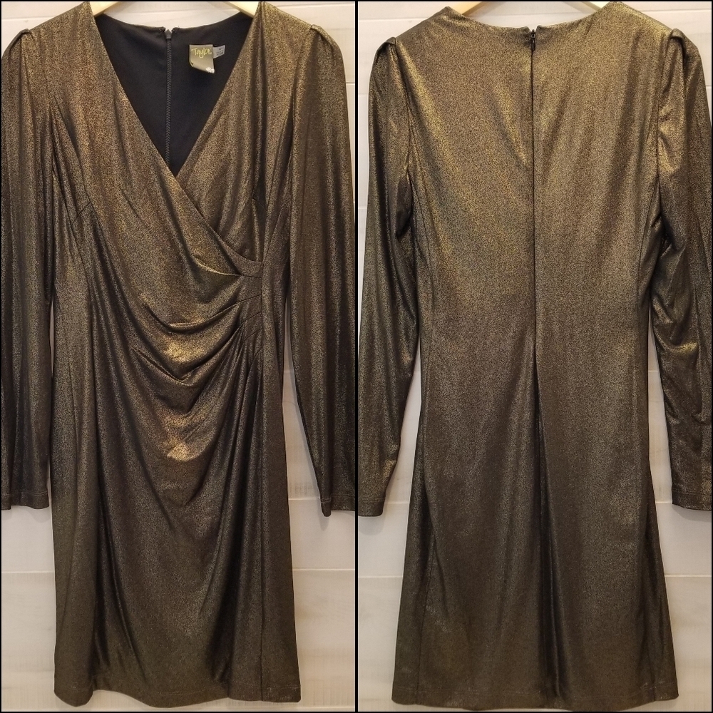 {6} Taylor Gold Shimmer Dress Holiday Party Cocktail Wedding